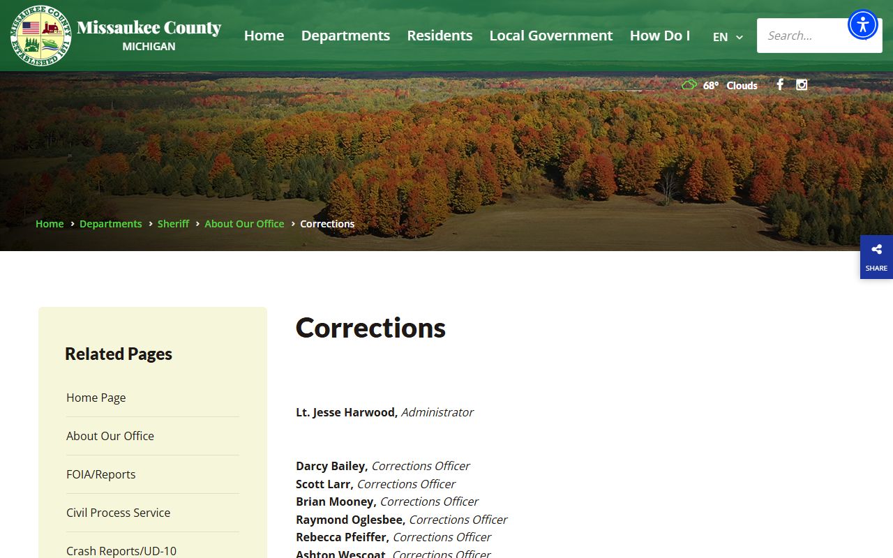 Missaukee County inmate population corrections food service record source
