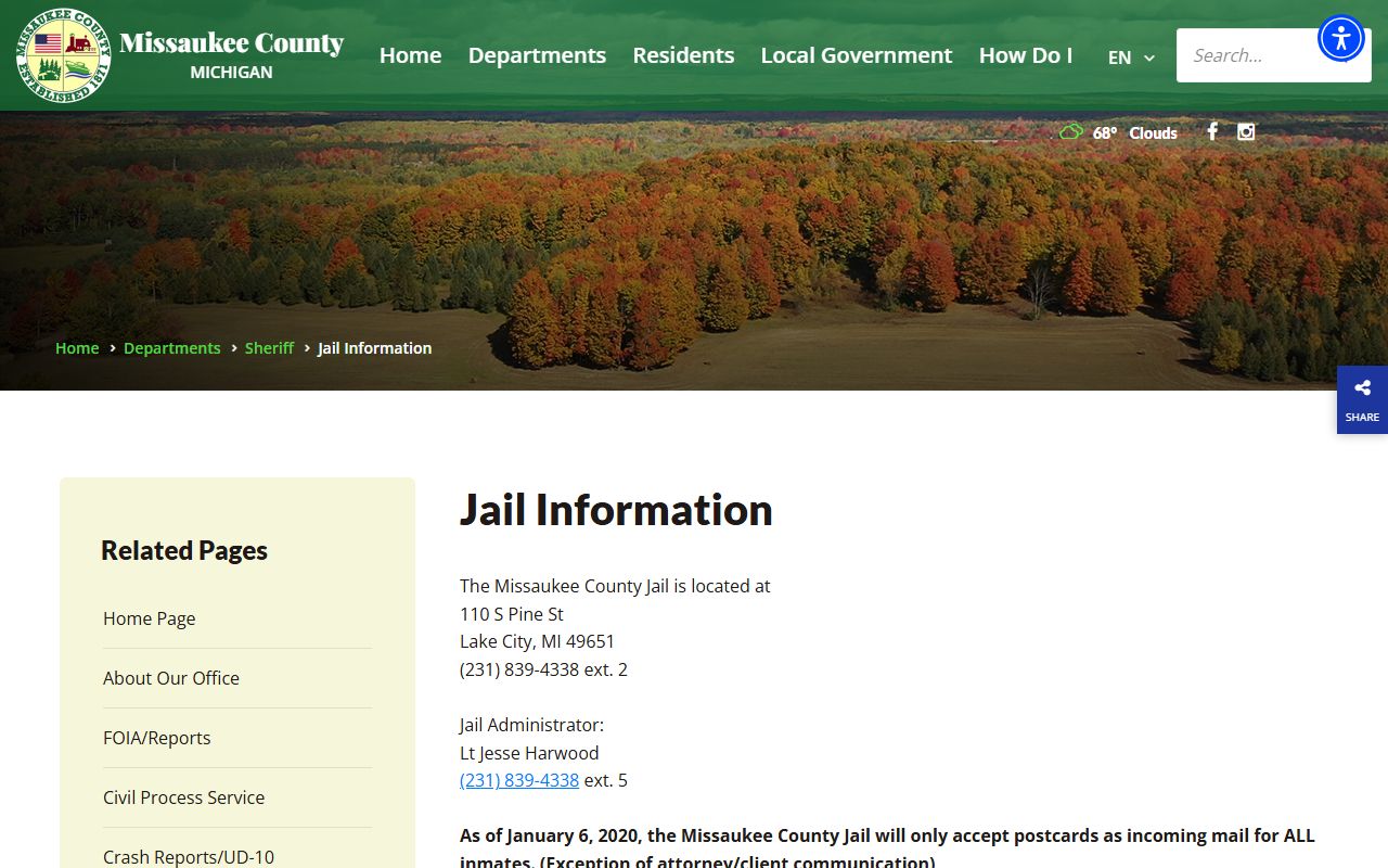 Missaukee County Jail inmate lookup jail information page