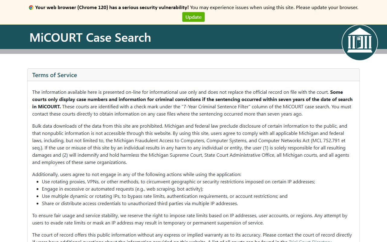 MiCOURT Case Search portal for Missaukee County court records after arrest