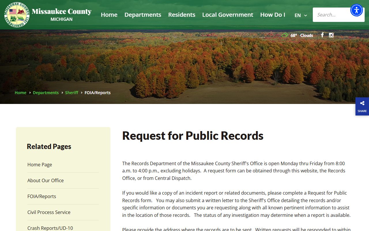 Missaukee County inmate records sheriff FOIA request page